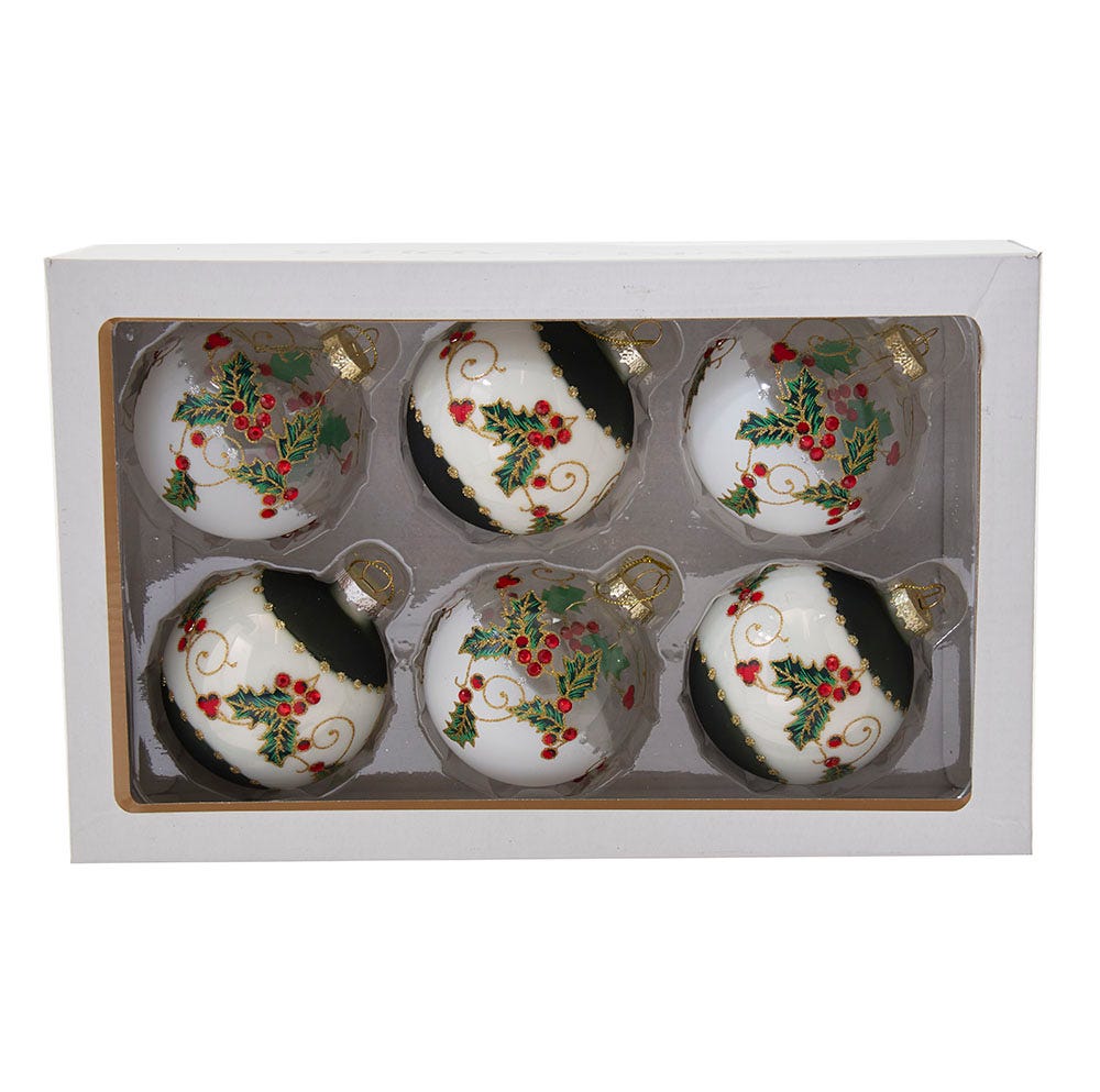 Kurt Adler 80MM Holly Leaves and Berries Glass Ball Ornaments, 6-Piece Set